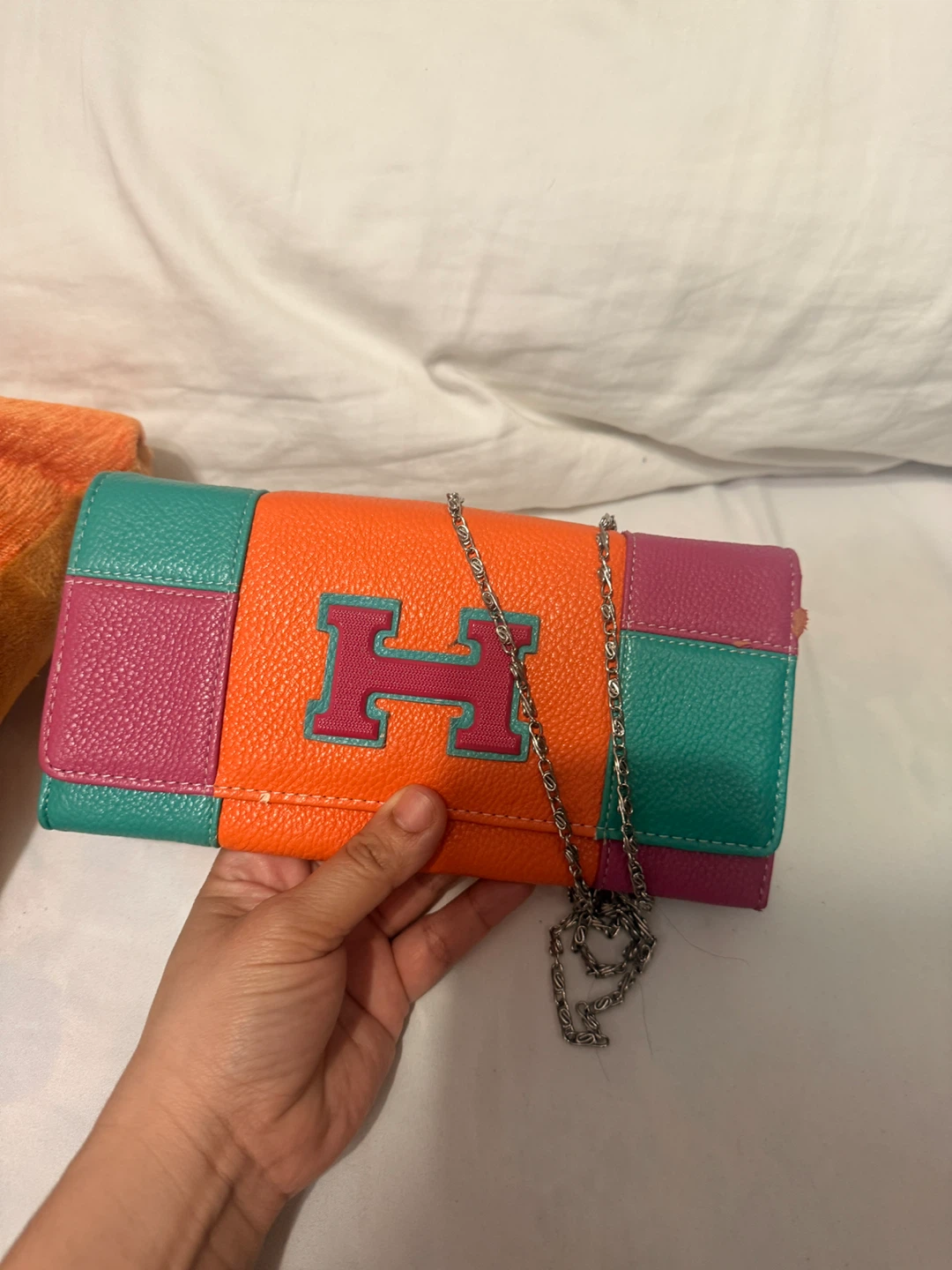 Colourful Patchwork Clutch Wallet with Chain Strap - photo 3