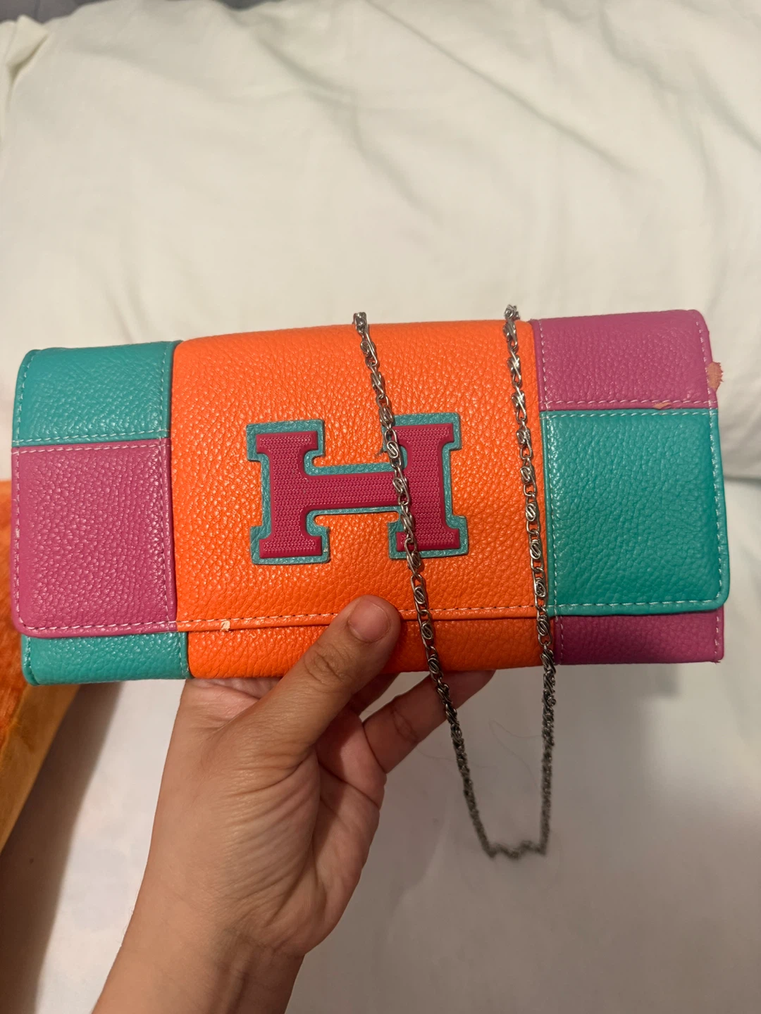 Colourful Patchwork Clutch Wallet with Chain Strap