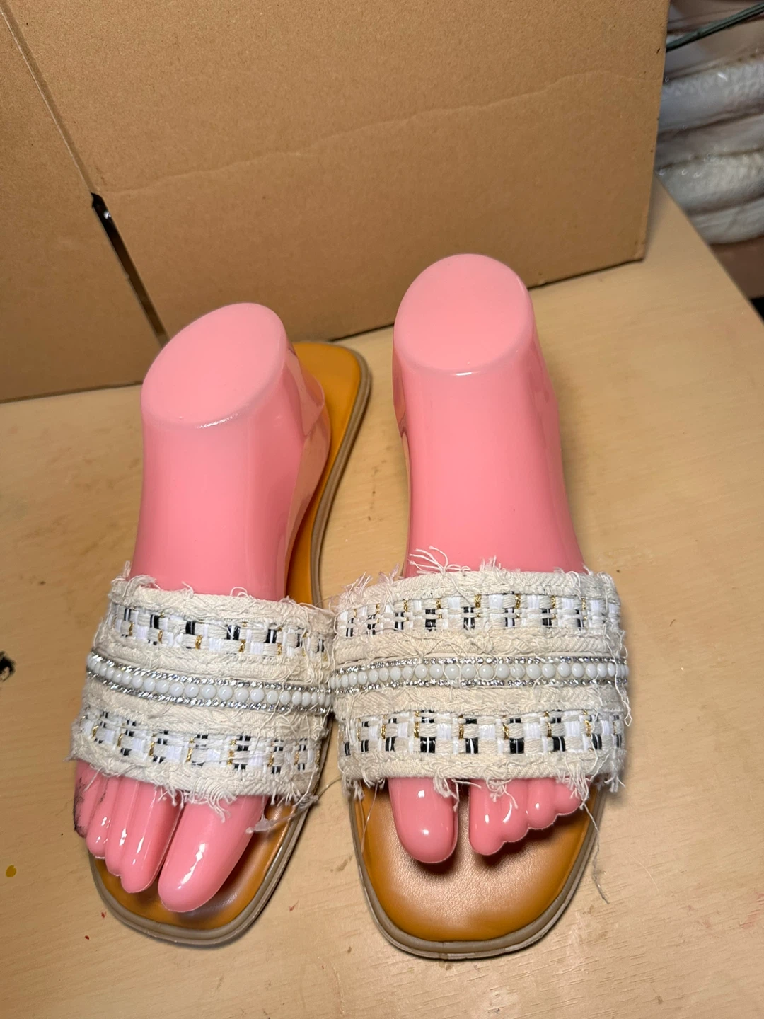 White and Black Embellished Slide Sandals - photo 2