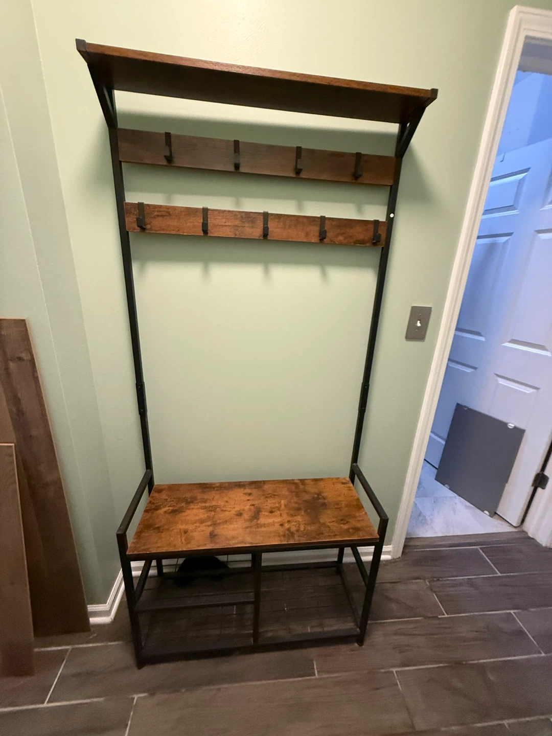 Industrial Hall Tree Coat Rack with Shoe Bench