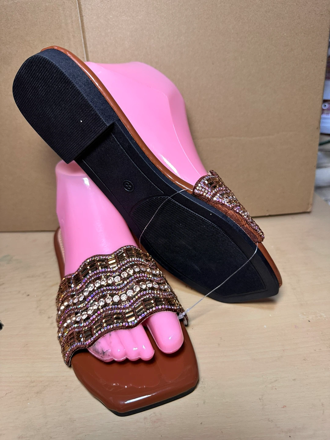 Embellished Brown Square Toe Flat Sandals - photo 3