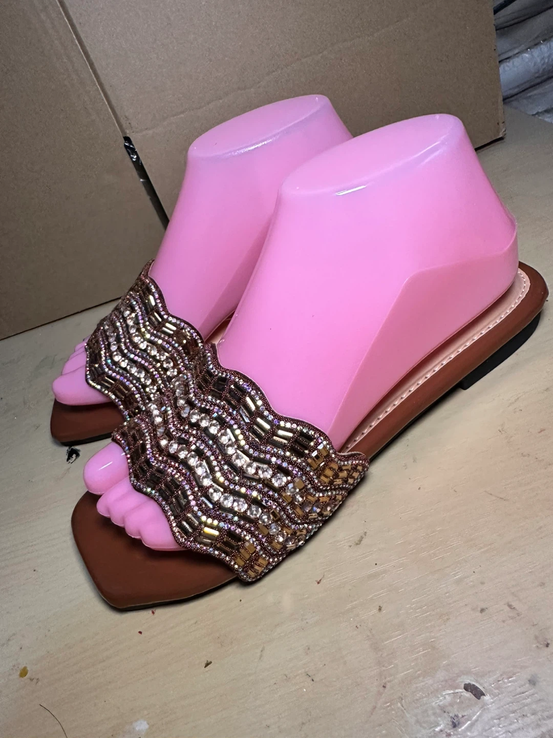 Embellished Brown Square Toe Flat Sandals
