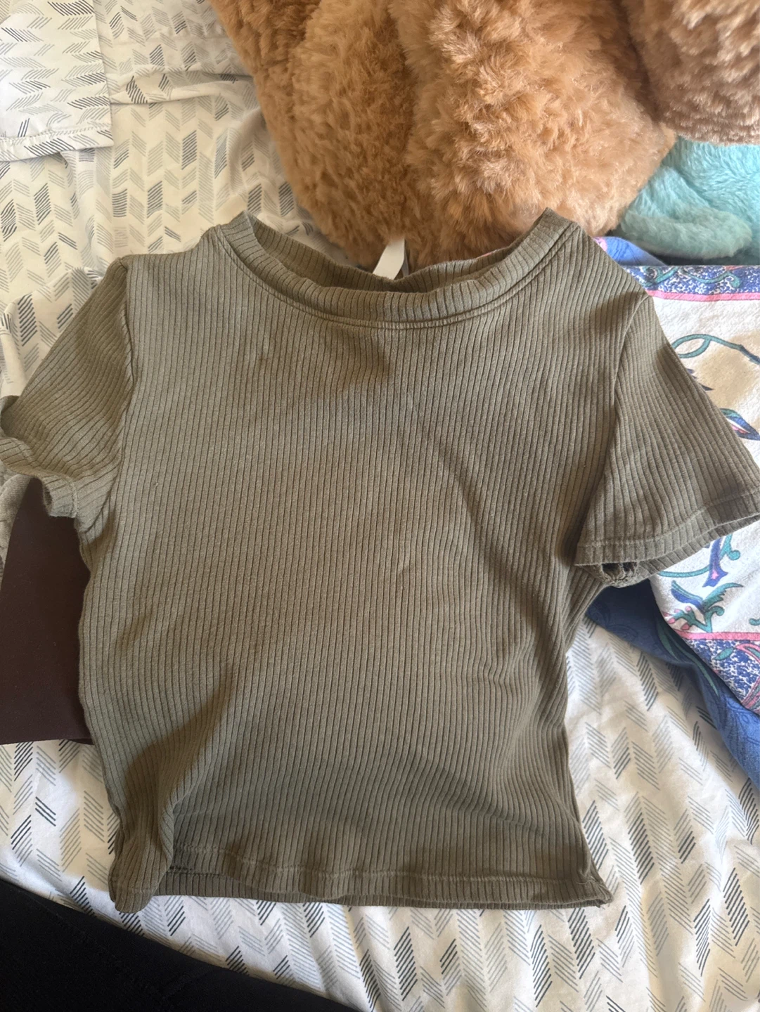 Ribbed Short Sleeve Top - Olive Green