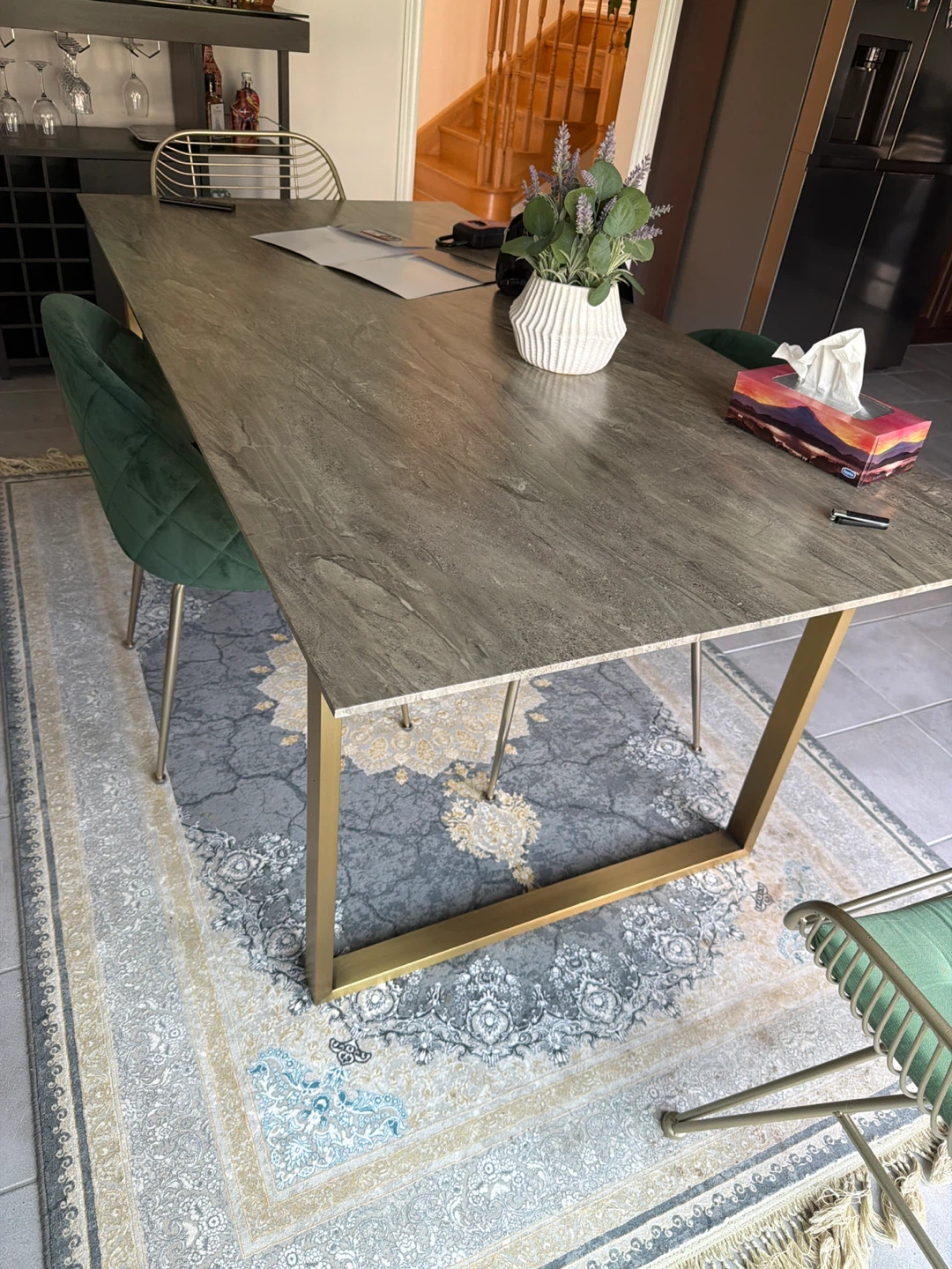 Dining Table with Faux Marble Top and Gold Legs