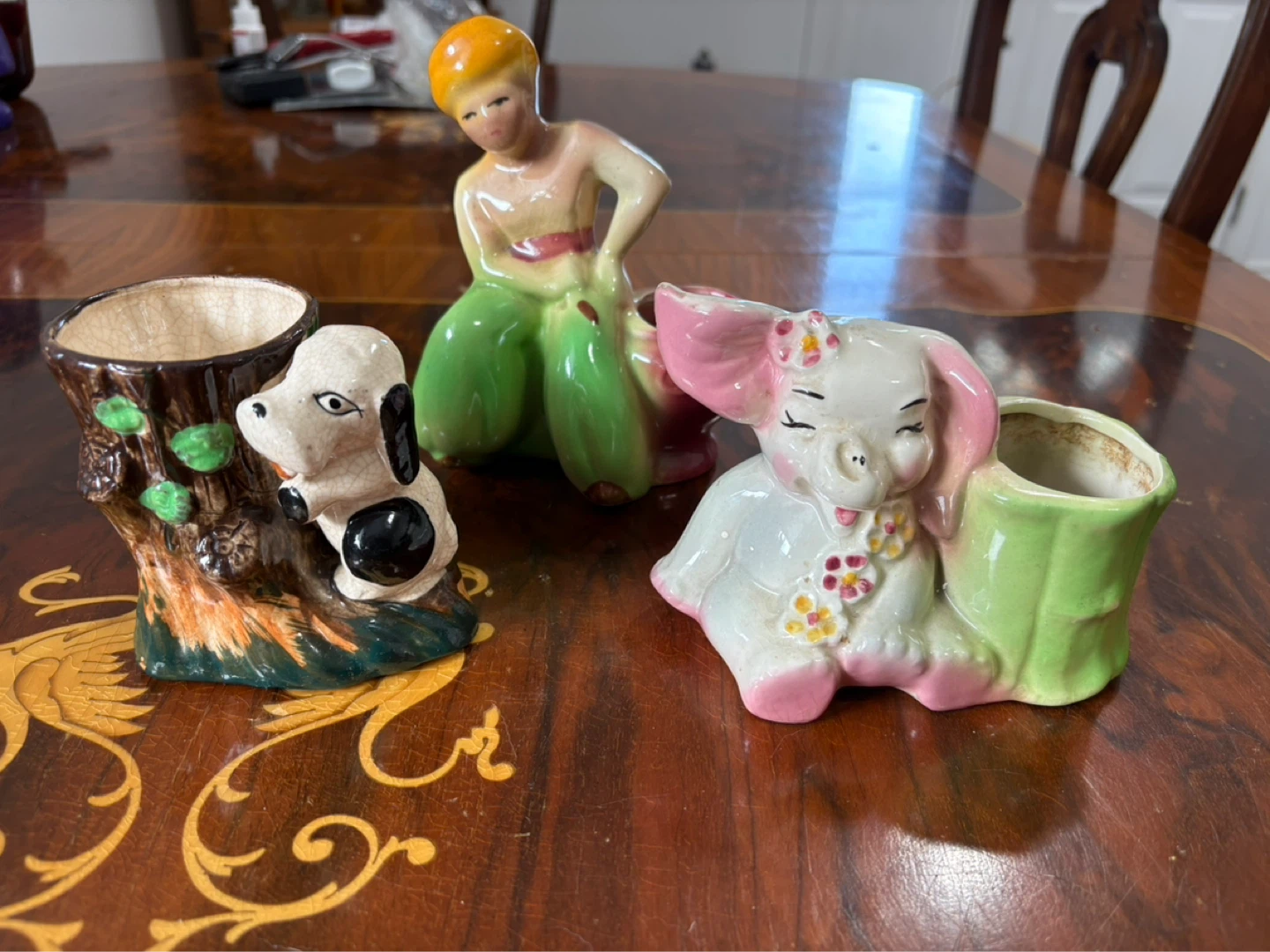 Set of 3 Ceramic Planters - Dog, Elephant, and Person Figurines
