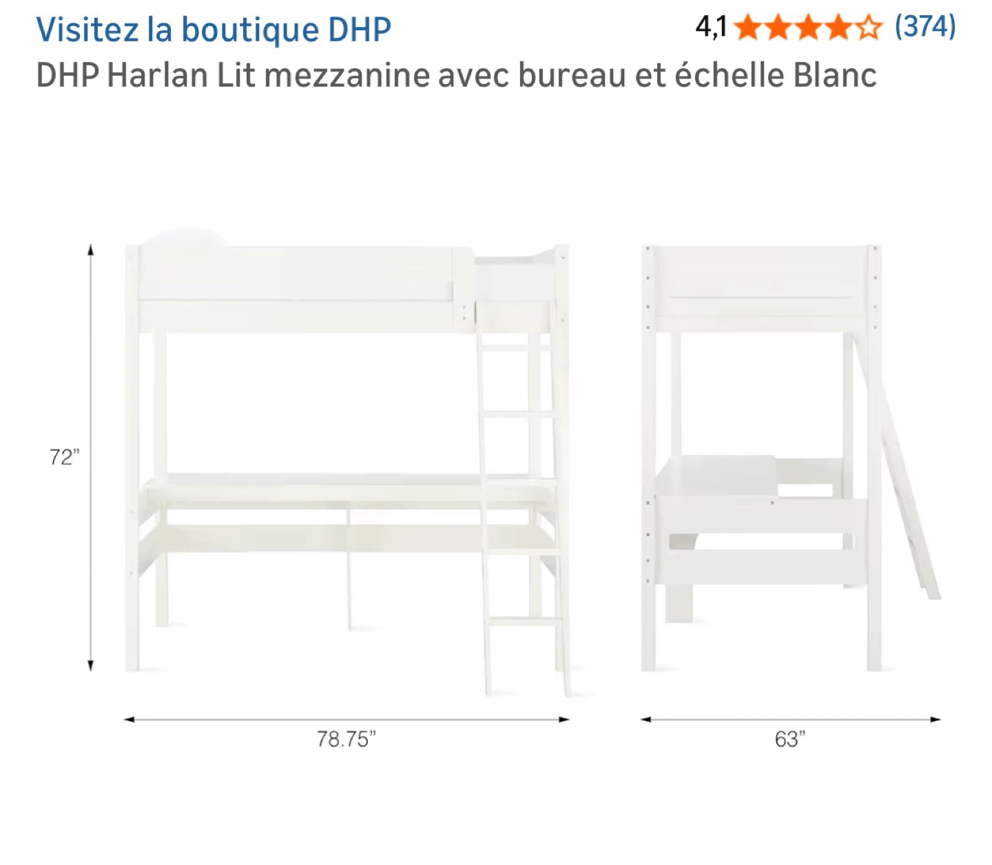 DHP Harlan Loft Bed with Desk - White - photo 3