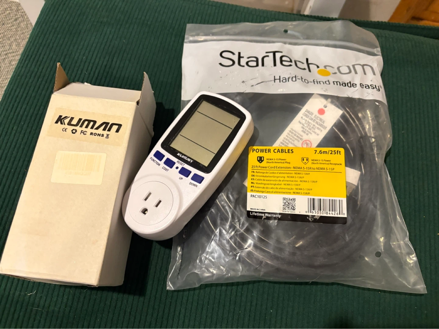 Kuman Plug-in Watt Meter & StarTech 25ft Power Cord