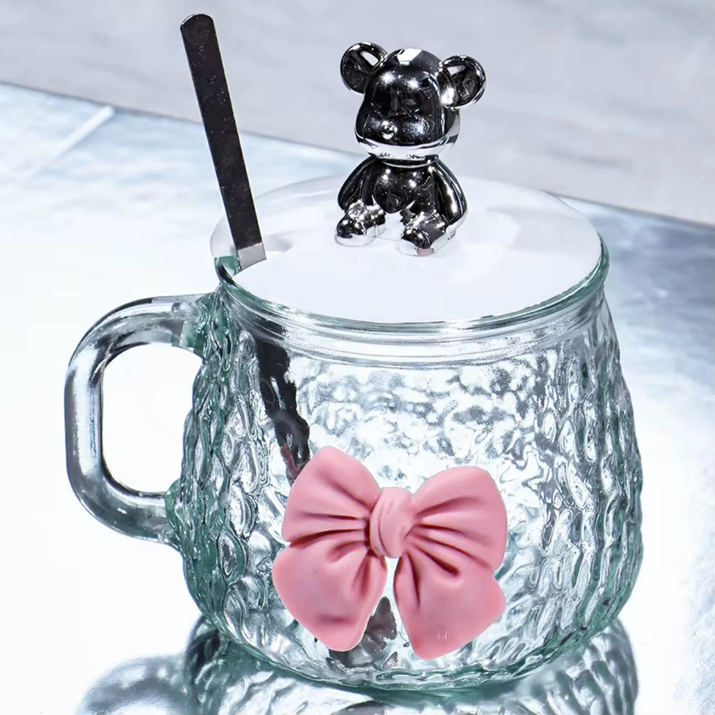 Glass Mug with Lid and Spoon - Bear Charm - photo 2