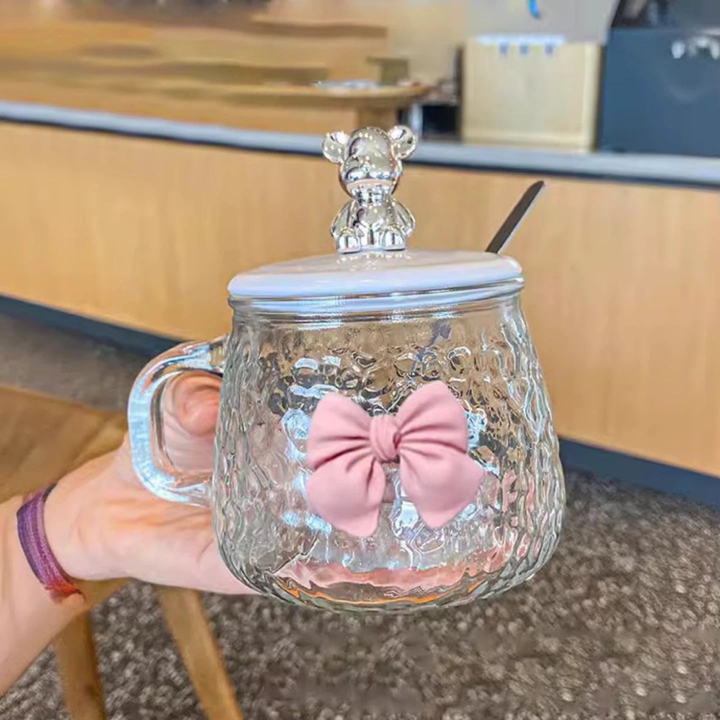 Glass Mug with Lid and Spoon - Bear Charm - photo 3