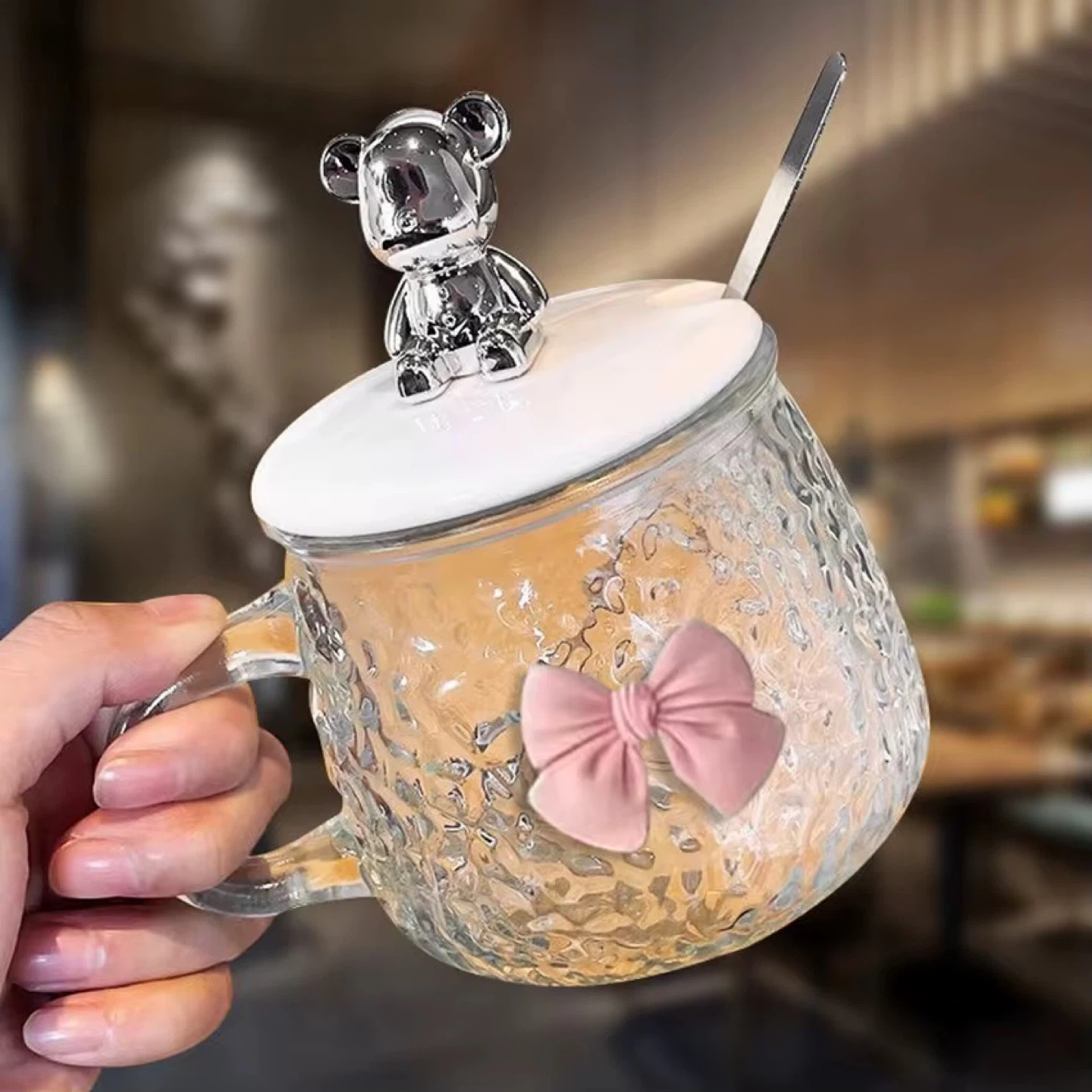 Glass Mug with Lid and Spoon - Bear Charm