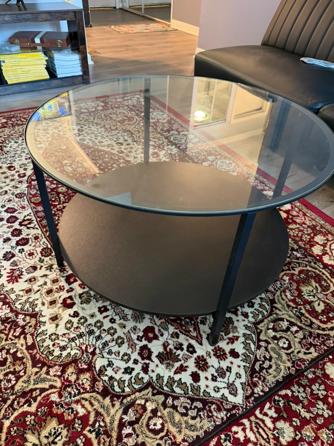 Round Glass Coffee Table with Dark Wood Shelf