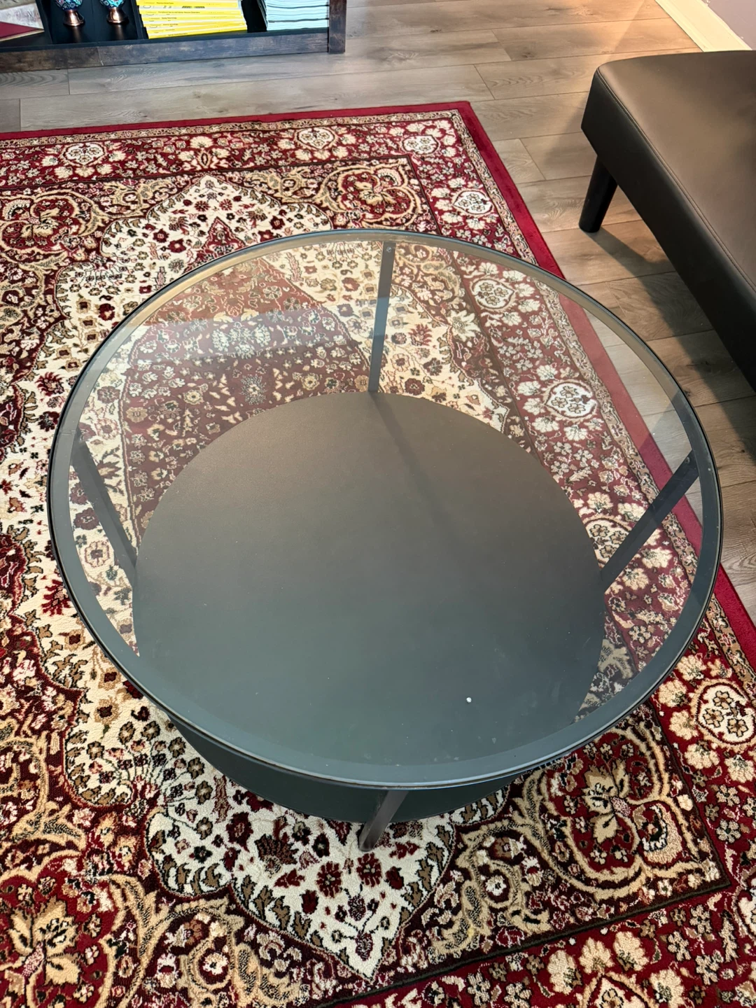 Round Glass Coffee Table with Dark Wood Shelf - photo 2