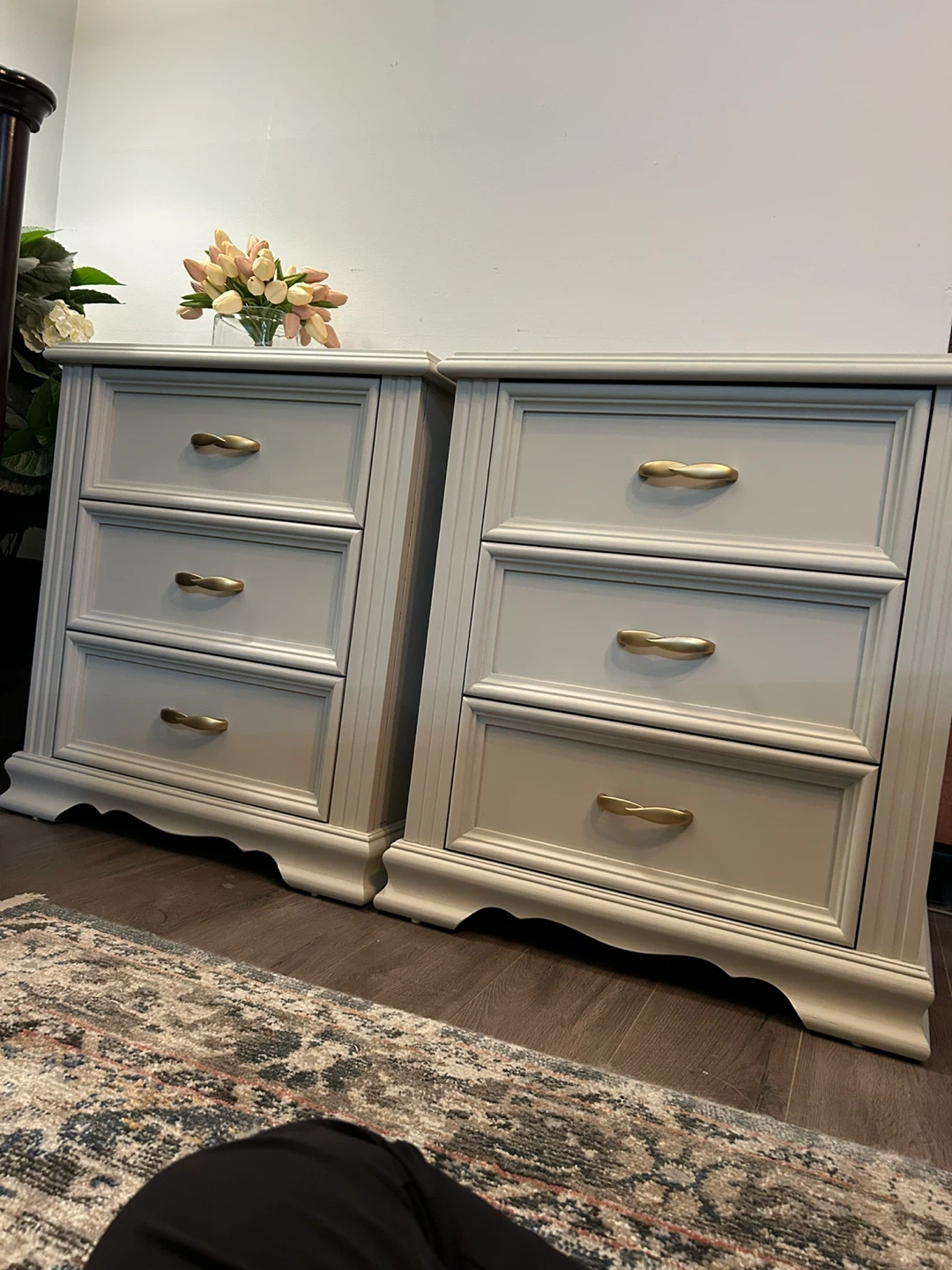Light Beige 3-Drawer Nightstand with Gold Handles