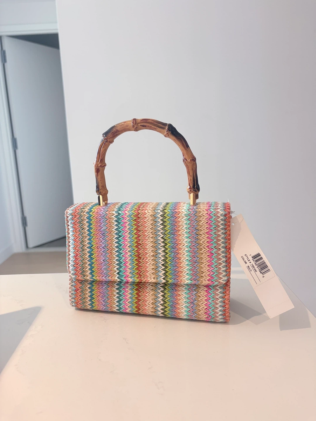 Striped Woven Bag with Bamboo Handle