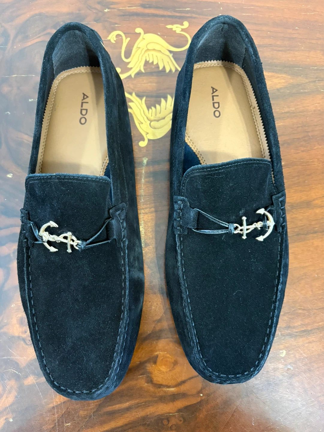 Aldo Black Suede Loafers with Anchor Detail (Size 11)