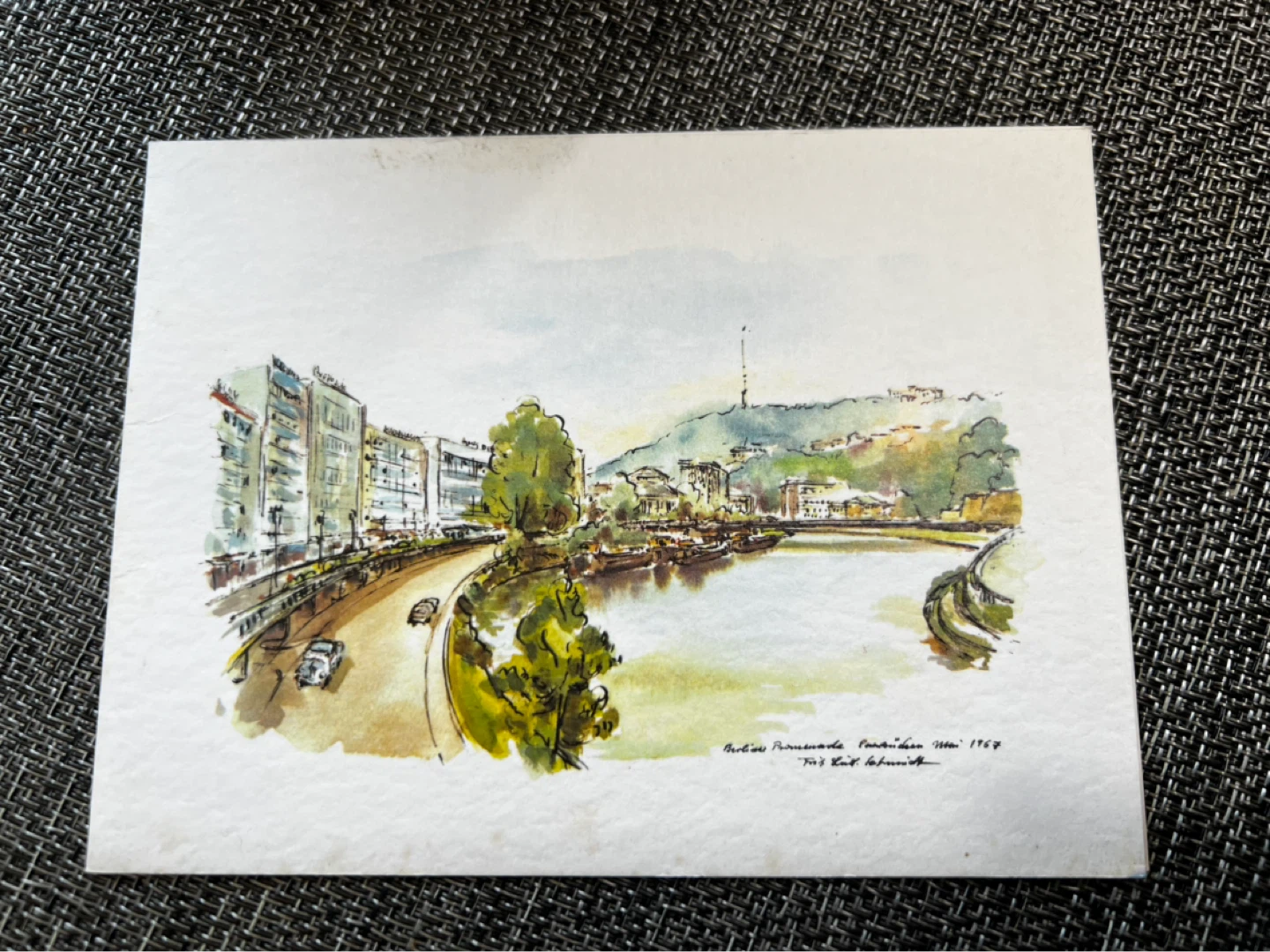 Handmade Watercolour Postcard of a River City