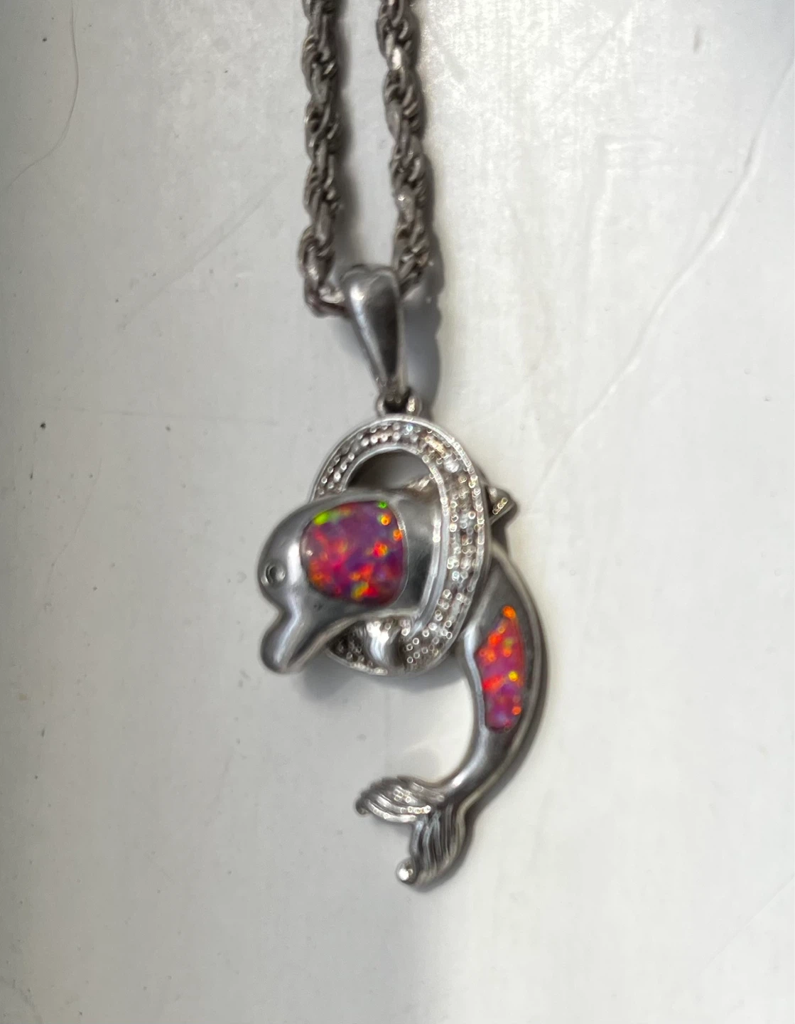 Dolphin Pendant Necklace with Opal Inlay