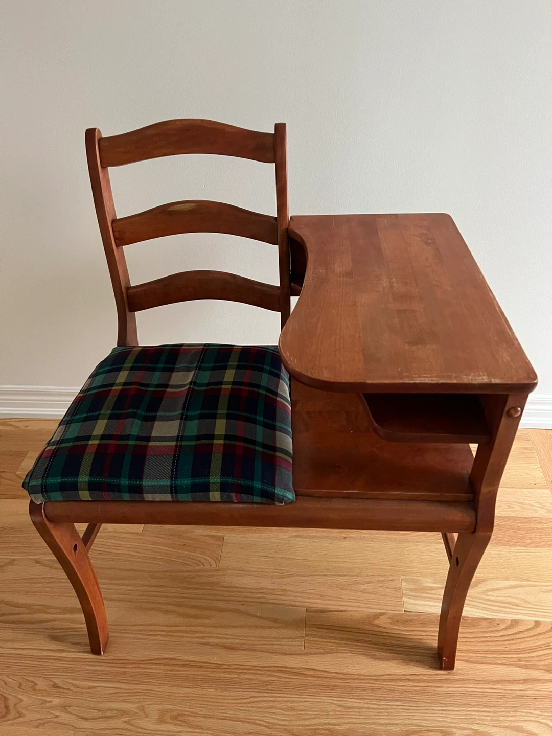 Vintage Wooden School Desk Chair with Plaid Seat - photo 3