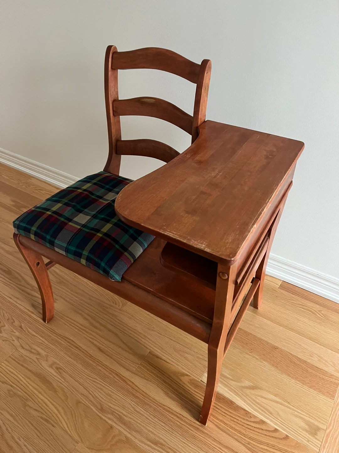 Vintage Wooden School Desk Chair with Plaid Seat