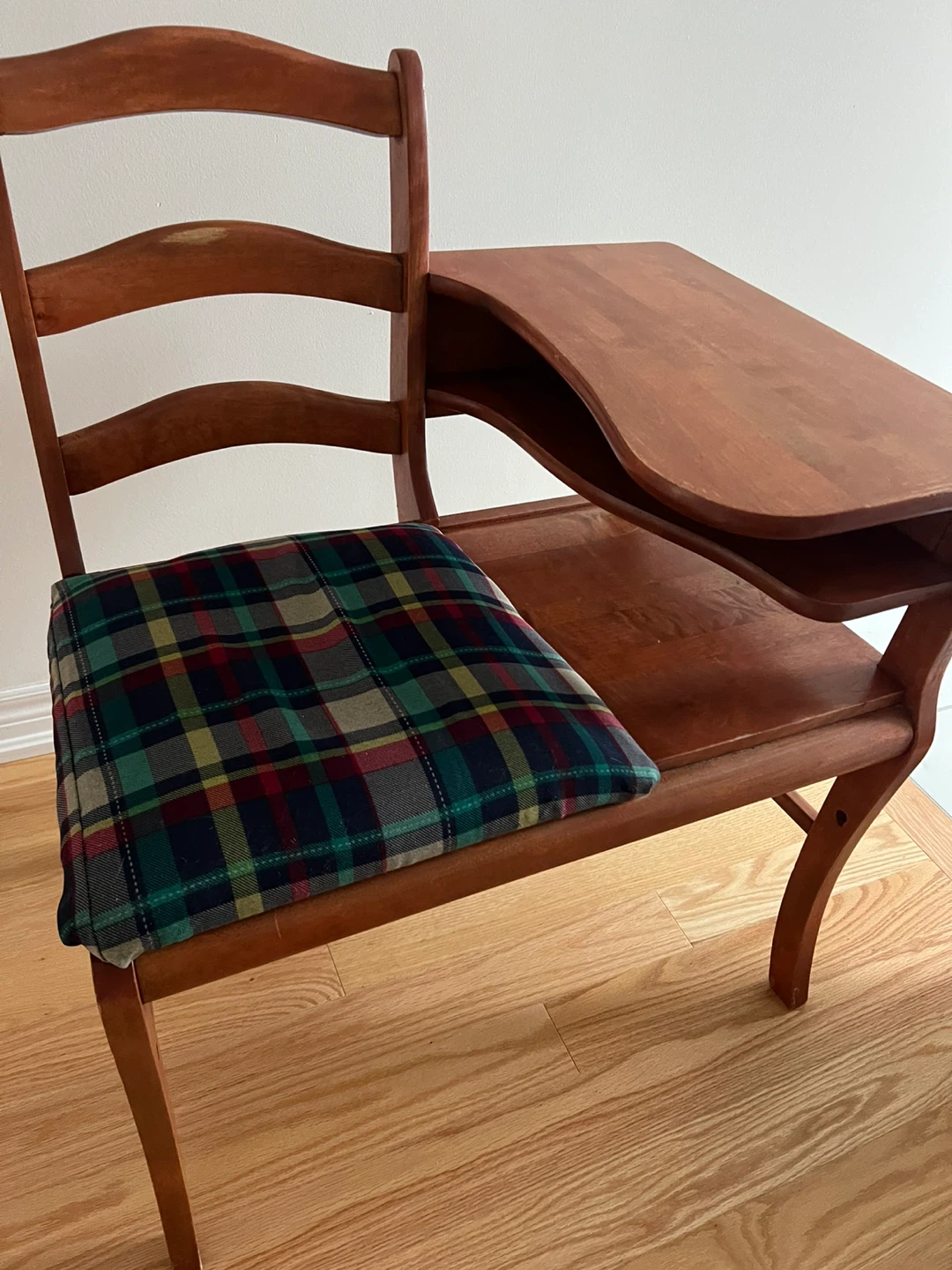 Vintage Wooden School Desk Chair with Plaid Seat - photo 2