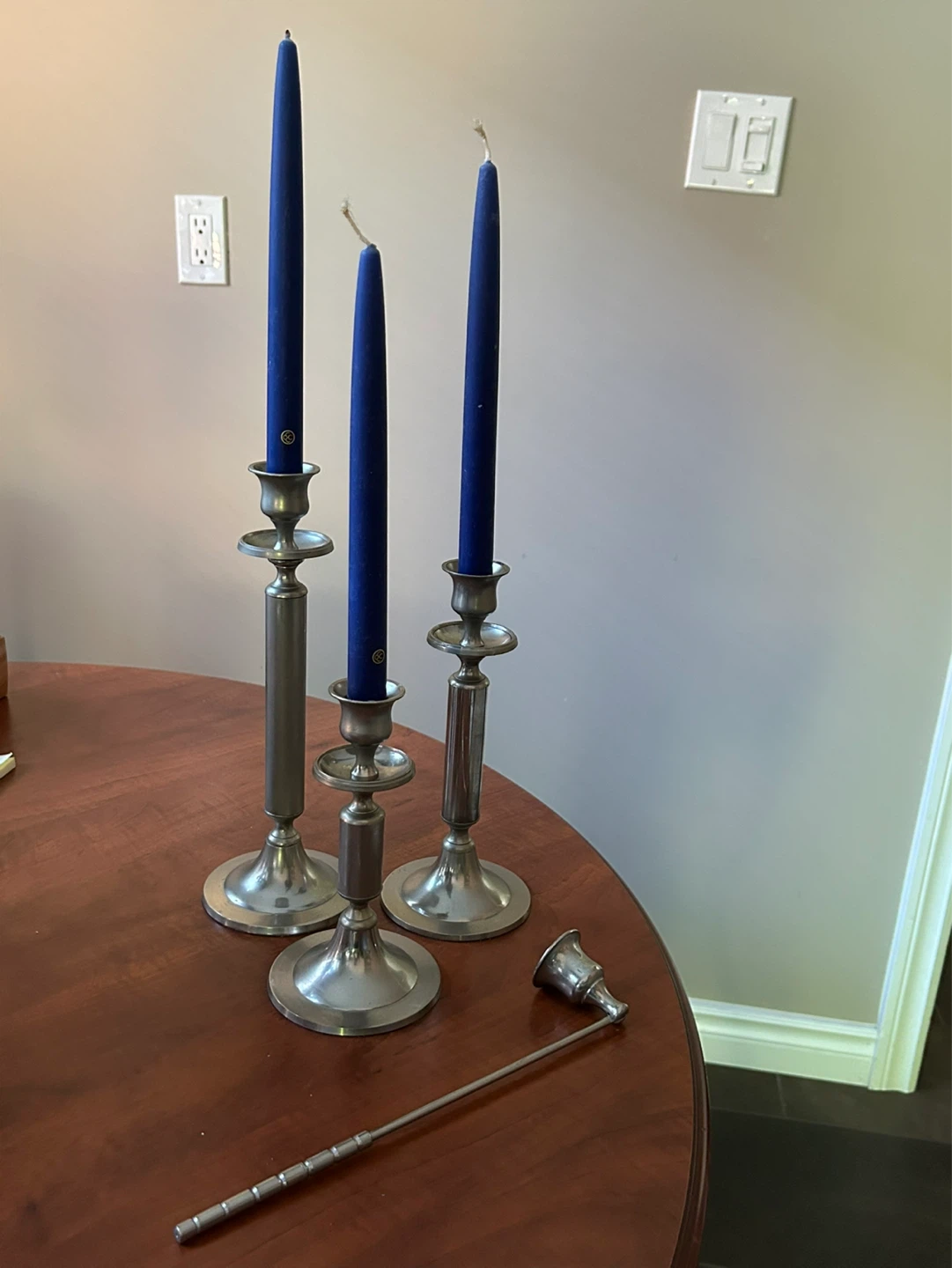 Set of 3 Candlesticks with Blue Taper Candles & Snuffer