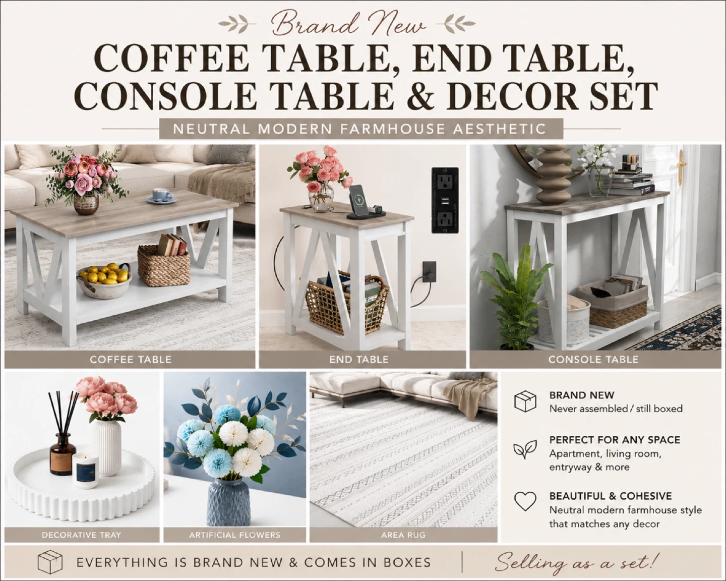 Coffee Table, End Table & Console Table Set Neutral Farmhouse