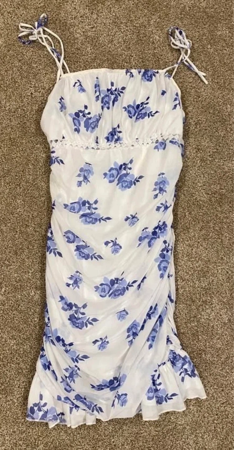 Glamaker Ruched Floral Mini Dress Blue Floral Print - Size L