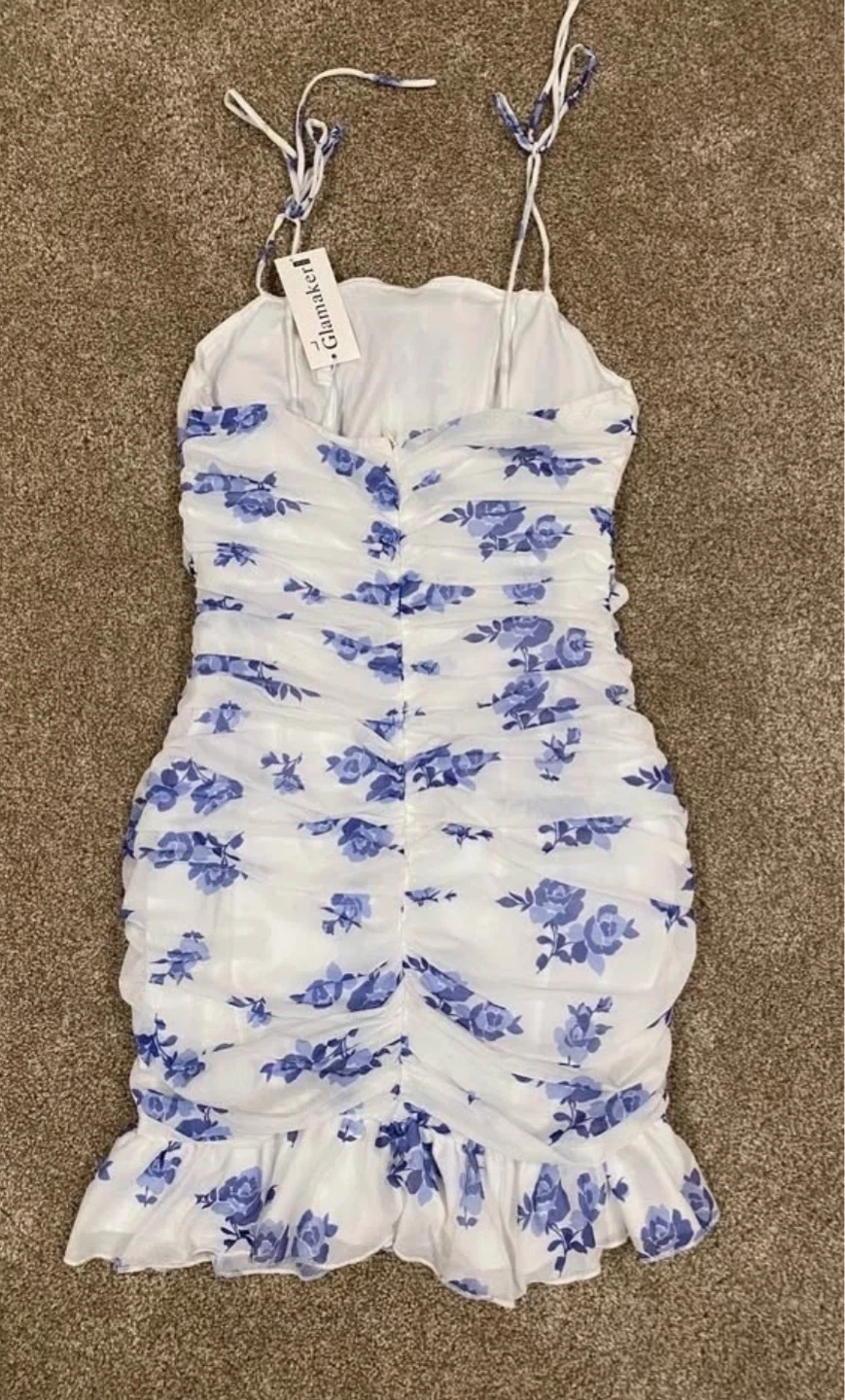 Glamaker Ruched Floral Mini Dress Blue Floral Print - Size L - photo 3