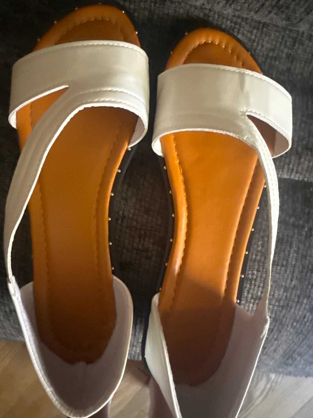 White and Tan Flat Sandals - Size 39