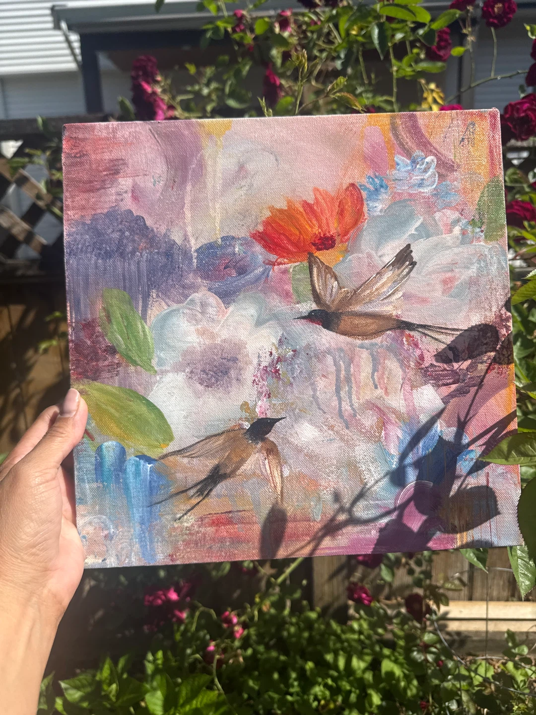 Abstract Painting with Birds and Flowers