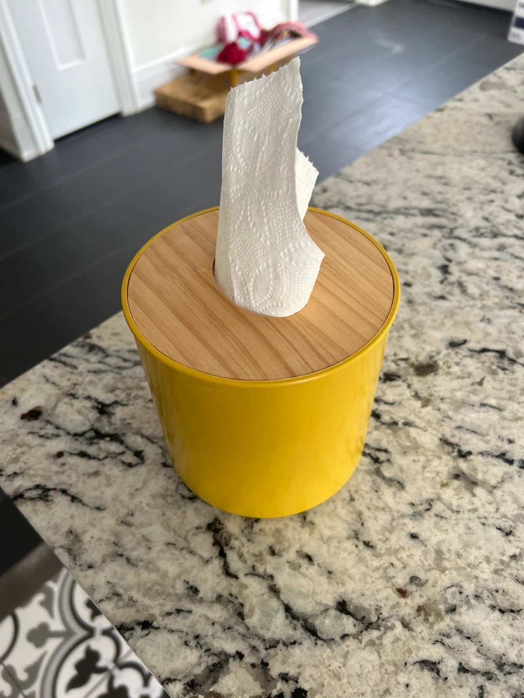 Yellow Round Tissue Holder with Bamboo Lid