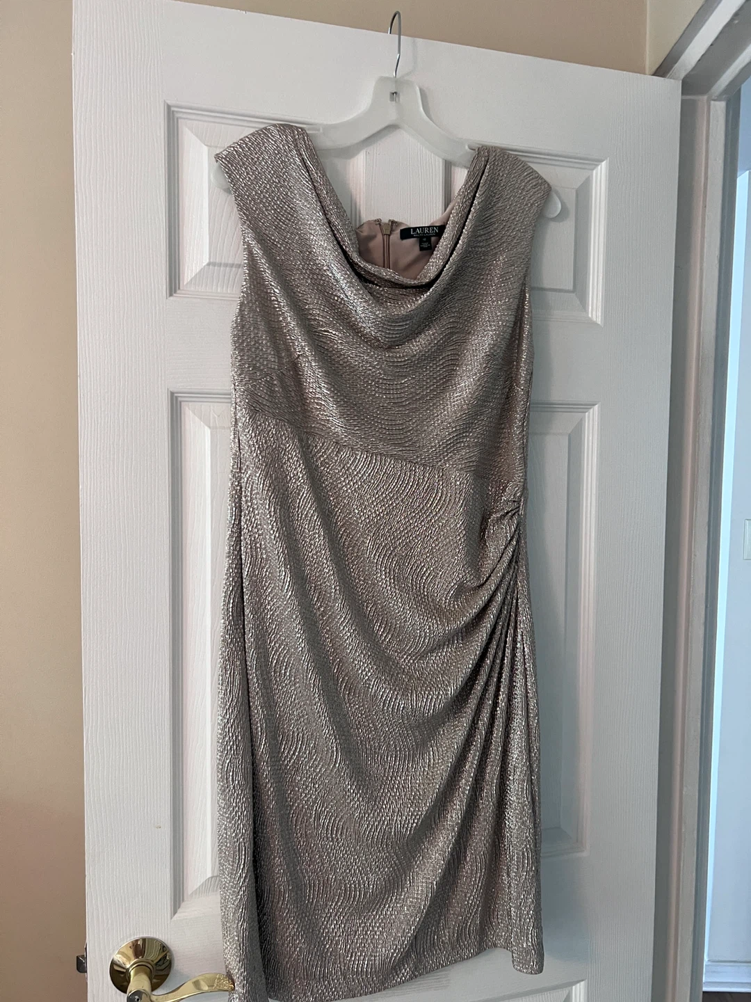 Lauren Ralph Lauren Women's Gold Ruched Cowl Neck Dress Size 12