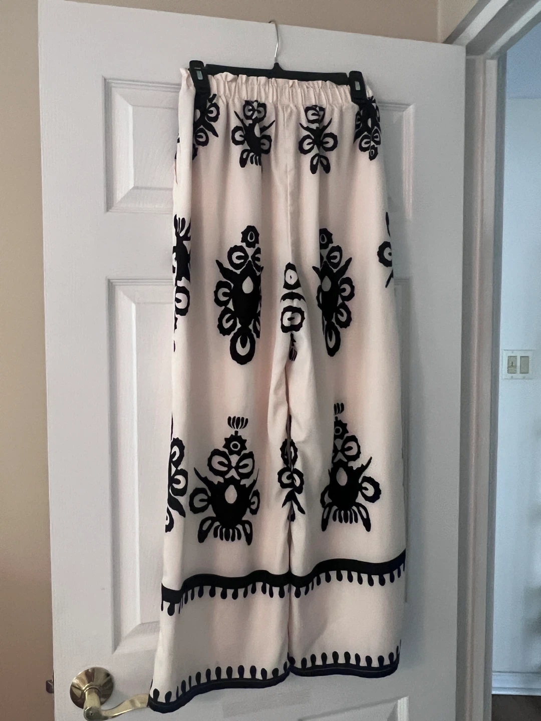 Women's Wide Leg Pants Cream with Black Pattern