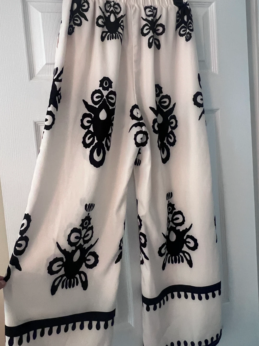 Women's Wide Leg Pants Cream with Black Pattern - photo 2