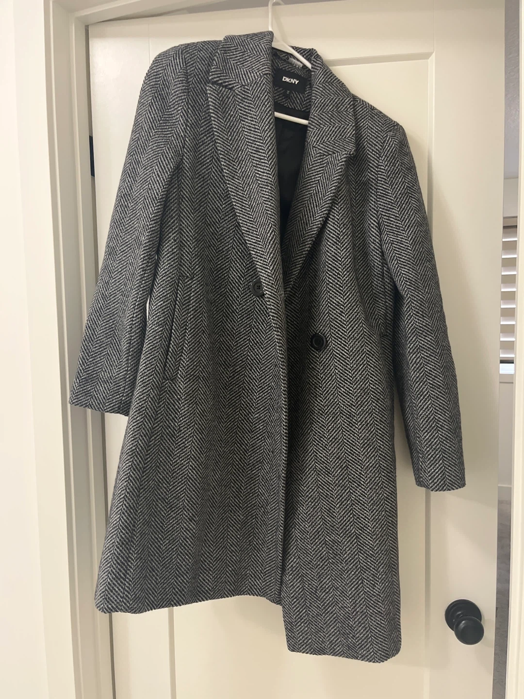 DKNY Herringbone Wool Blend Coat - Black and White