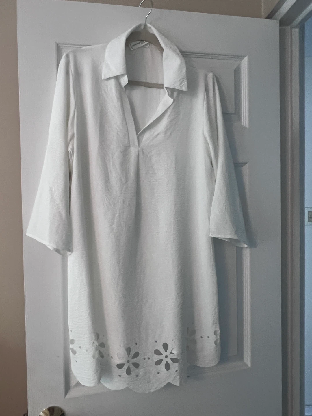 White V-Neck Tunic with Scalloped Eyelet Hem