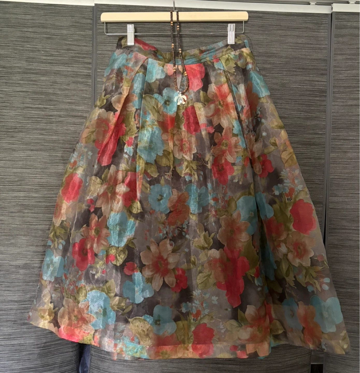 Sheer Floral Pleated Midi Skirt