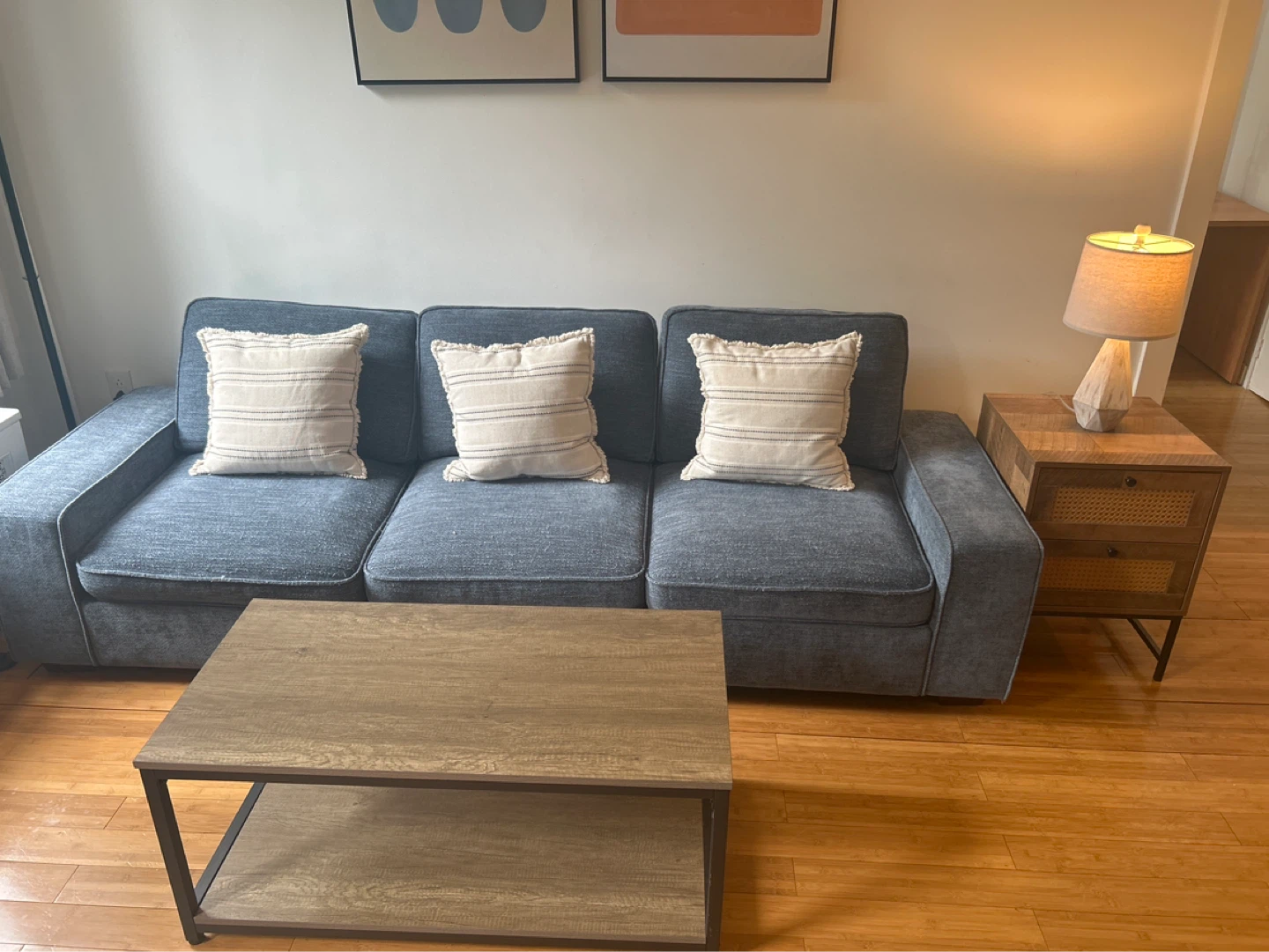 Sofa with storage, coffee table, end table, lamp