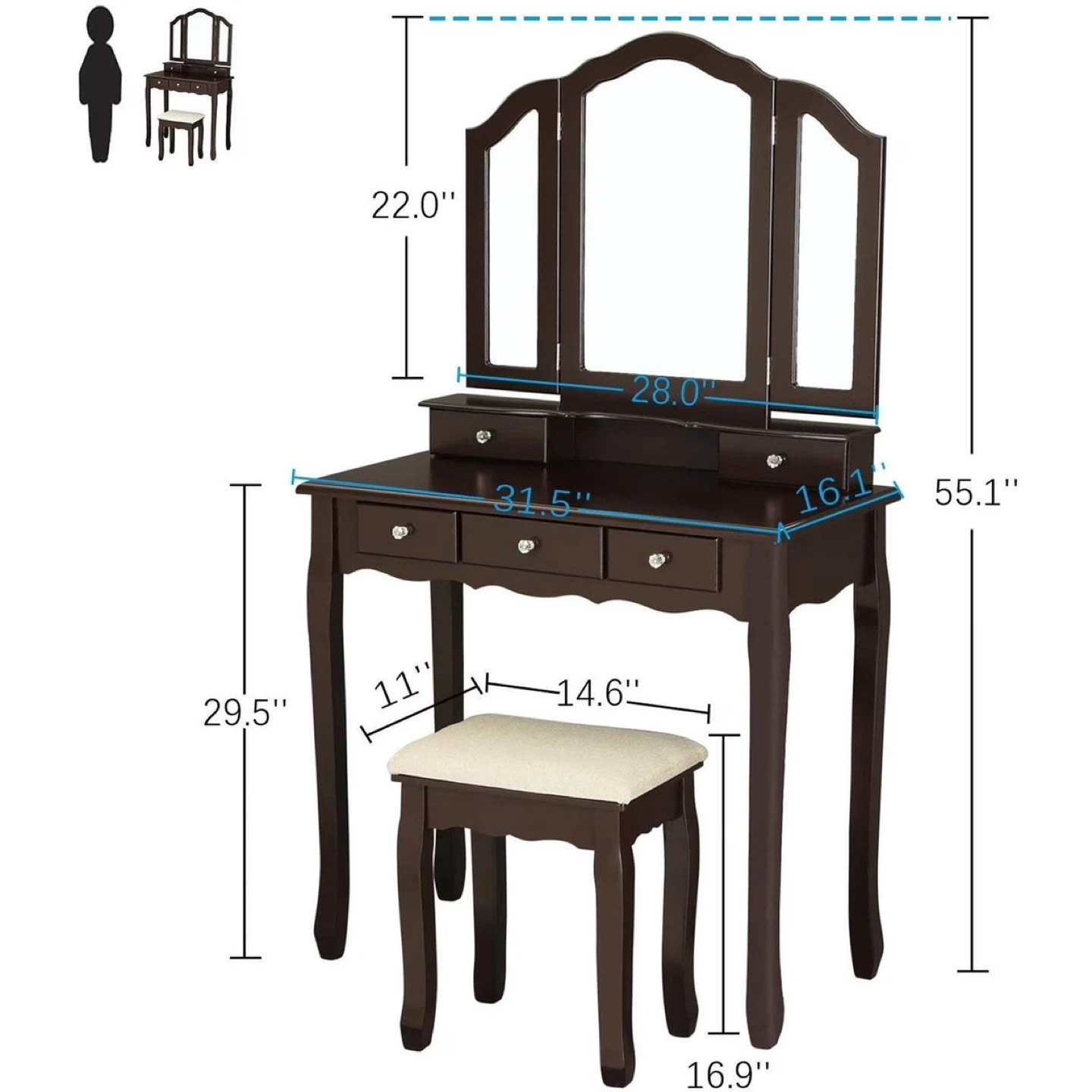 Makeup Vanity desk with tri-fold mirror & stool