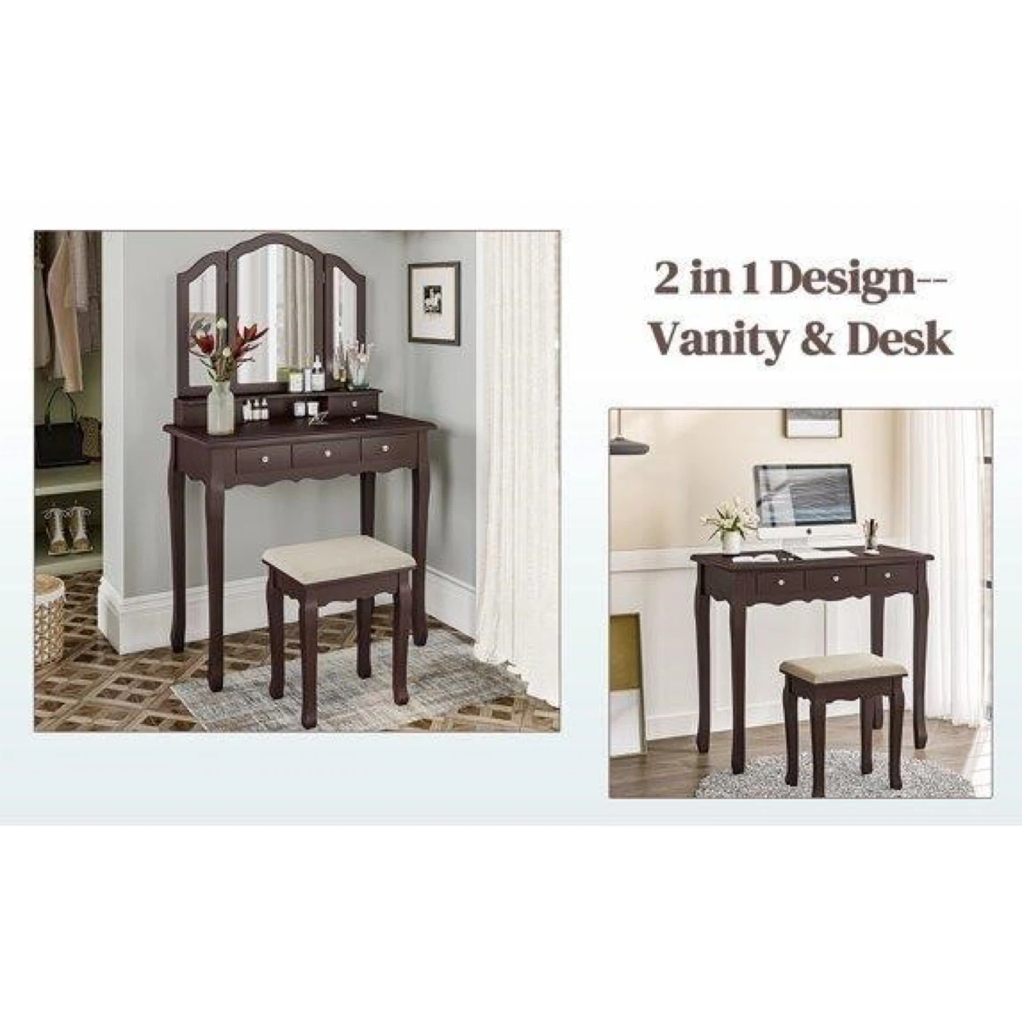 Makeup Vanity desk with tri-fold mirror & stool - photo 3
