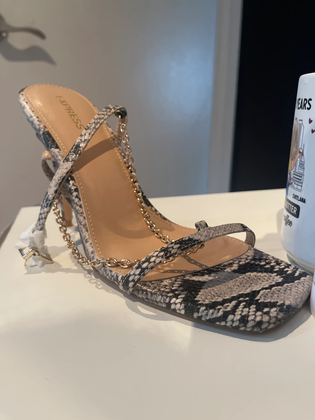 Express Snake Print Strappy Heels with Gold Chain - photo 2