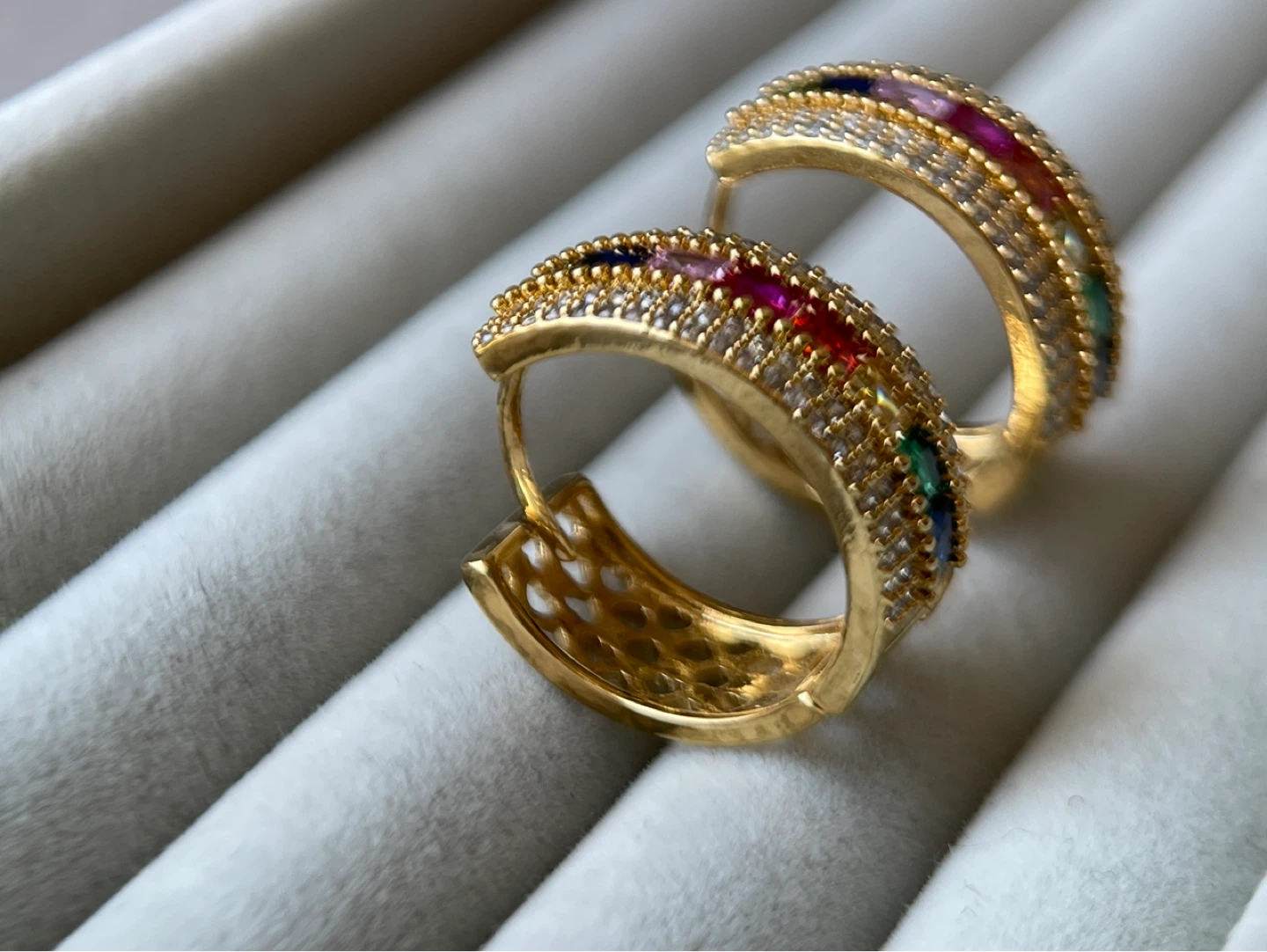 Gold-tone Huggie Hoop Earrings with Rainbow Cubic Zirconia - photo 5
