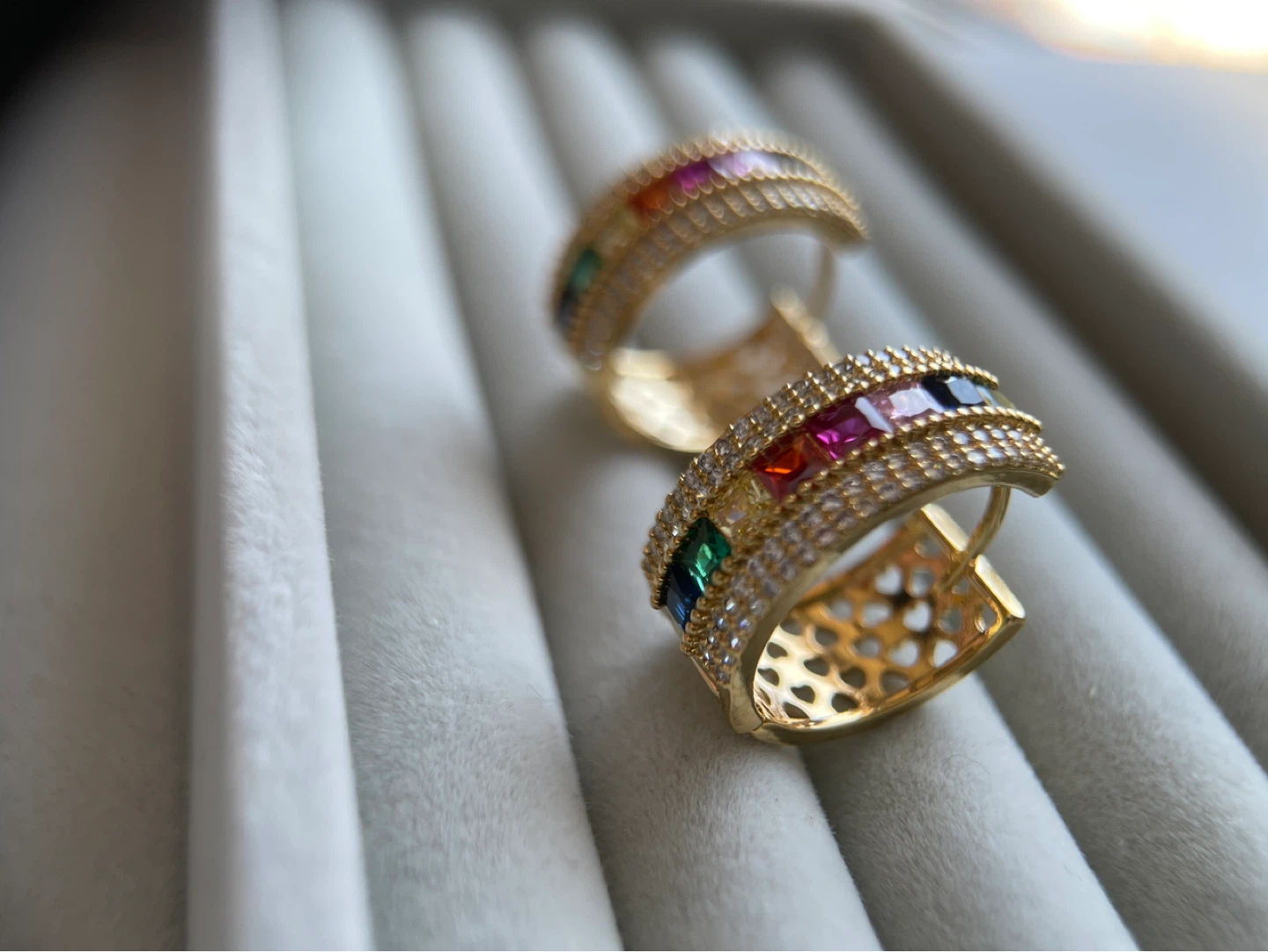 Gold-tone Huggie Hoop Earrings with Rainbow Cubic Zirconia - photo 2