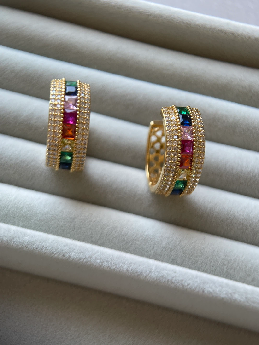 Gold-tone Huggie Hoop Earrings with Rainbow Cubic Zirconia