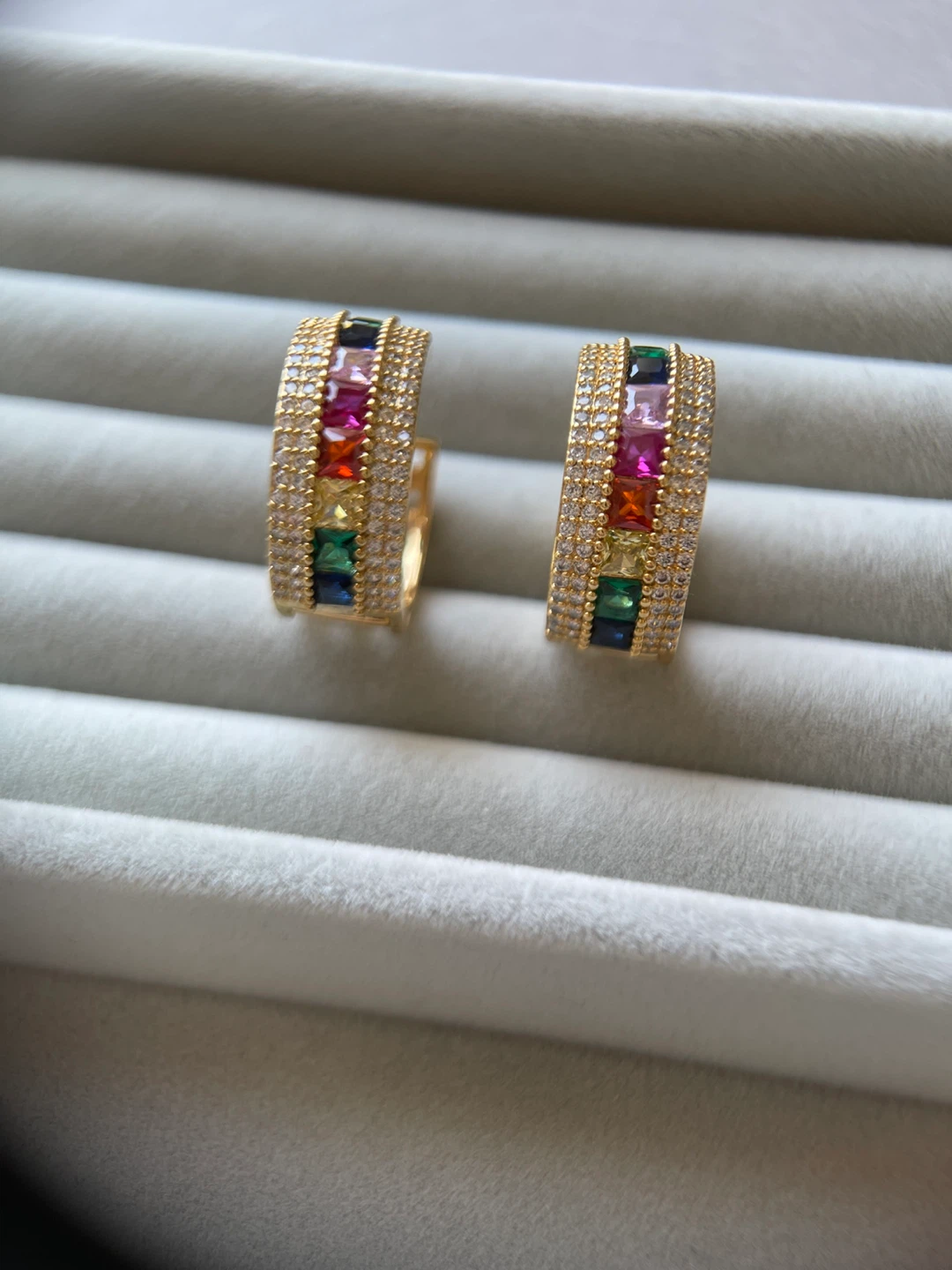 Gold-tone Huggie Hoop Earrings with Rainbow Cubic Zirconia - photo 4