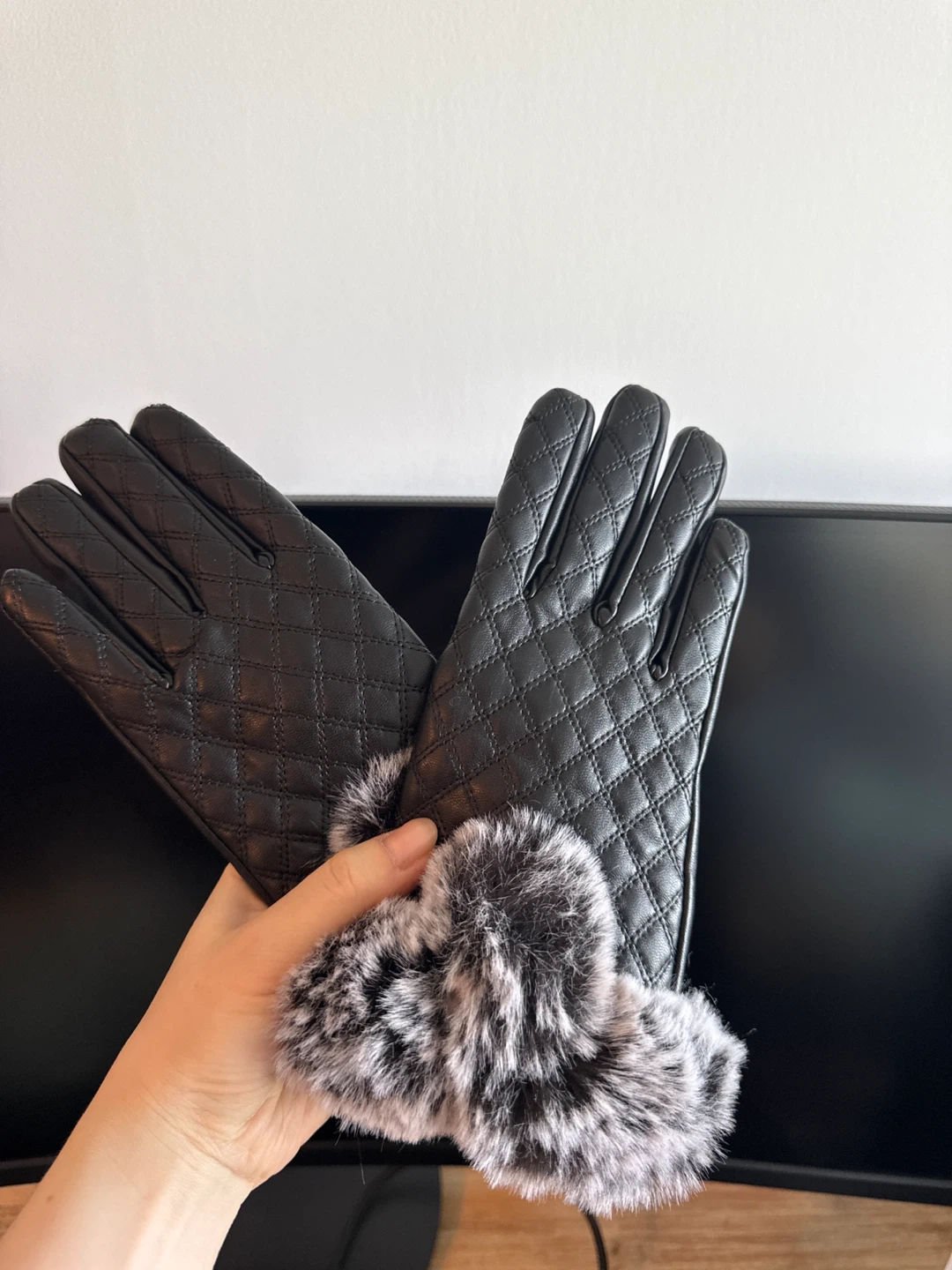 Brand New Black Quilted Leather Gloves with Faux Fur Trim