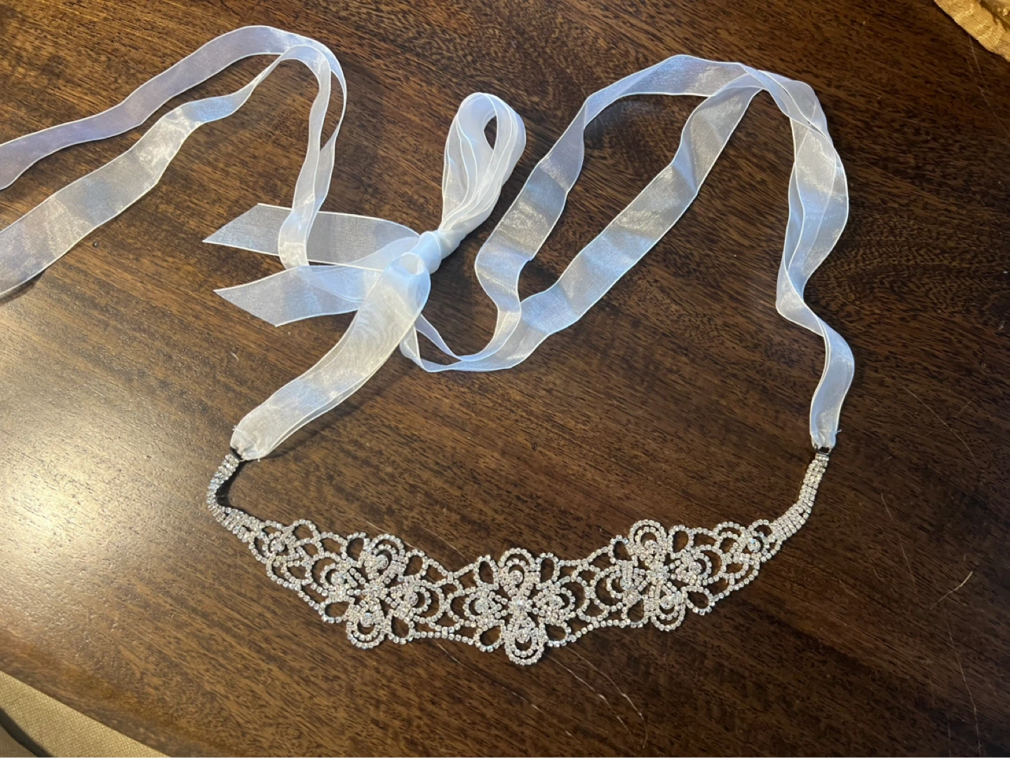 Rhinestone Bridal Headband with White Ribbon