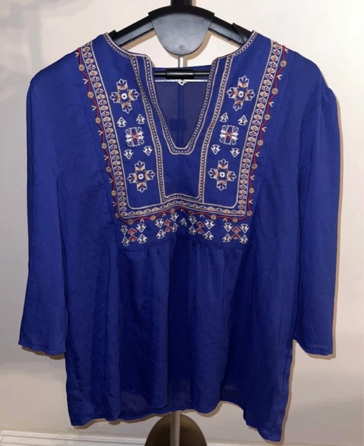 Blue Boho Embroidered V Neck 3/4 Sleeve Tunic Blouse Top size XL - photo 5