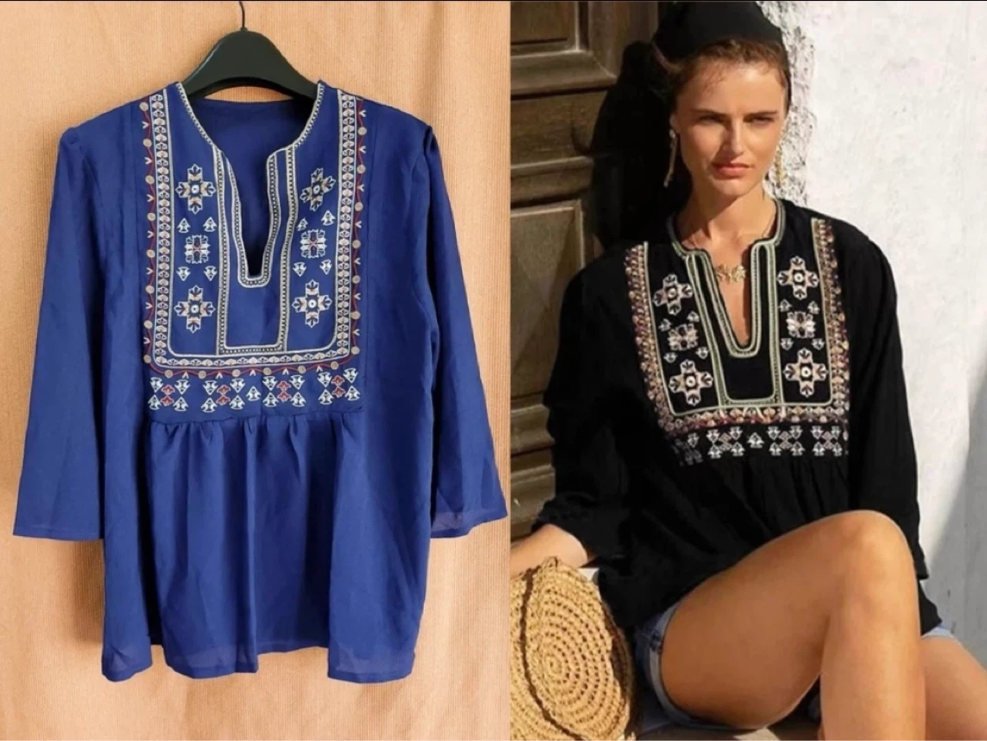Blue Boho Embroidered V Neck 3/4 Sleeve Tunic Blouse Top size XL