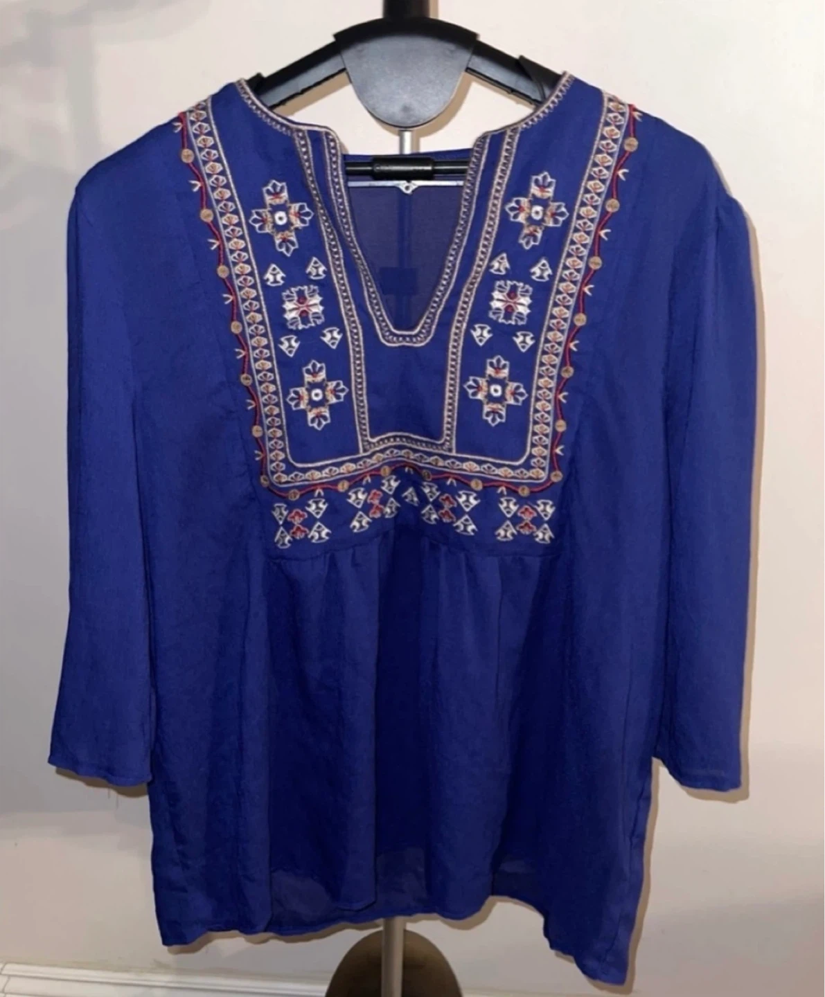 Blue Boho Embroidered V Neck 3/4 Sleeve Tunic Blouse Top size XL - photo 4